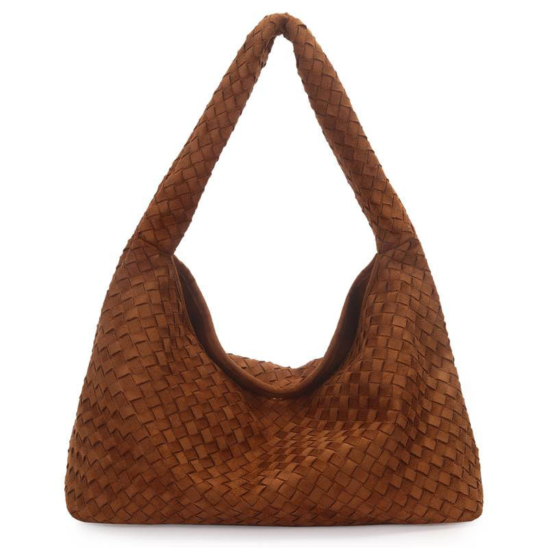 Bolsa feminina casual WJ na cor caramelo com acabamento tramado em material sintético, vista frontal